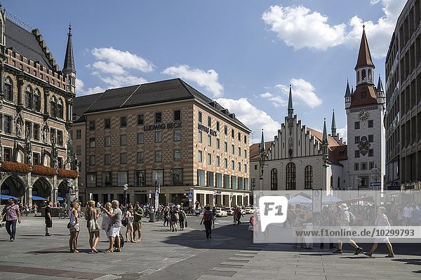 Marienplatz  part of the new town hall on the left  shopping center Beck in the center  old town hall at the rear right  Munich  Bavaria  Germany  Europe