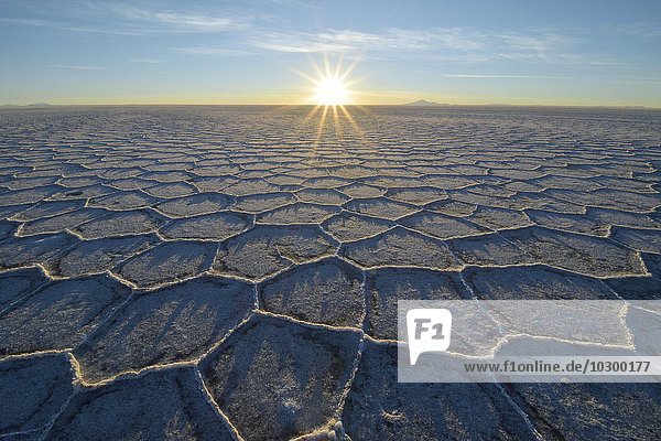 Wabenstruktur mit Schatten auf Salzsee bei Sonnenaufgang  weltweit größtes Vorkommen von Lithium  Salar de Uyuni  Bolivien  Südamerika