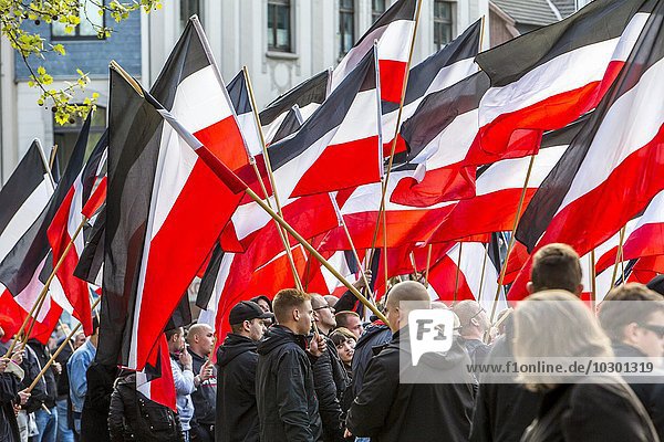 Protest  right-wing extremists marching  Essen  May 1 2015  German Empire flag  Deutsches Reich  Essen  North Rhine-Westphalia  Germany  Europe