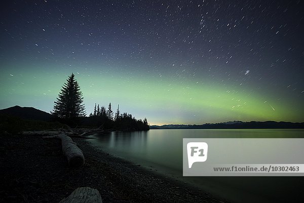 Aurora borealis und Meteorschauer der Perseiden  rechts  Prinz-William-Sund  Alaska  USA  Nordamerika