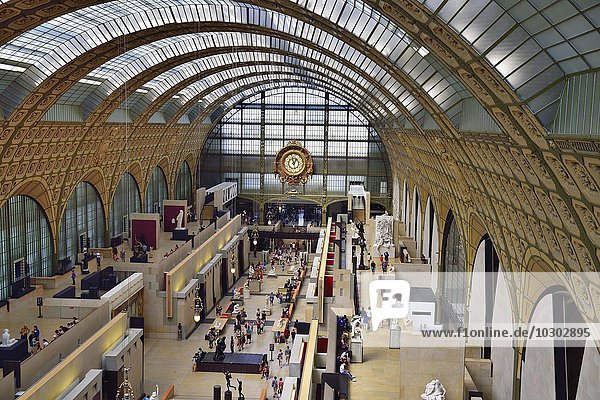 Former train station hall  sculpture exhibition with visitors at the Musée Quai d'Orsay  Paris  Ile de France  France  Europe
