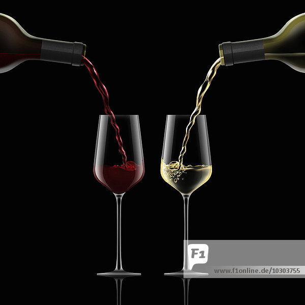 Rotwein und Weißwein wird in Gläser gegossen
