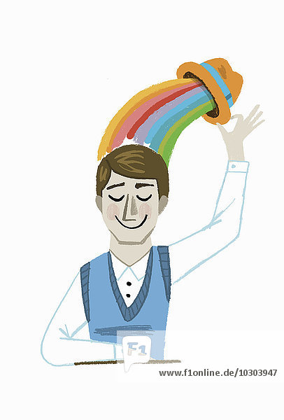 Glücklicher Mann hebt seinen Hut mit einem Regenbogen