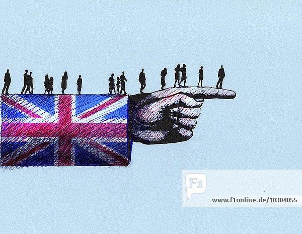 Menschen gehen auf einem Arm mit britischer Flagge zu ausgestrecktem Finger