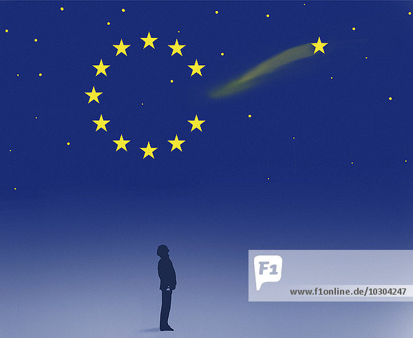 Mann schaut auf eine Sternschnuppe die die EU-Flagge verlässt