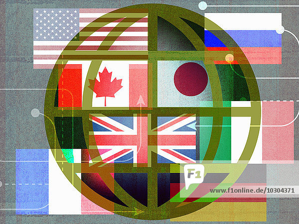 Pfeile in verschiedenen Richtungen über einem Globus mit Flaggen der G8-Nationen