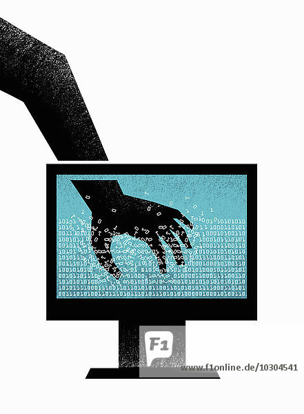 Hand greift nach Binärcode in einem Computermonitor
