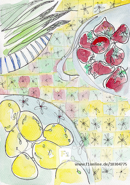 asparagus  color image  colour image  image  domestic life  domestic scene  home  food and drink  food  freshness  fresh  healthy  healthy eating  high angle  high angle view  elevated view  view from above  illustration  lemon  natural  natural condition  nobody  no people  aerial view  overhead view  pattern  plate  simplicity  simple  still life  studio shot  summer  summer time  summertime  table cloth  tomato  vertical  watercolor  watercolour  water color  water colour  watercolour painting  nutrition  nutritional
