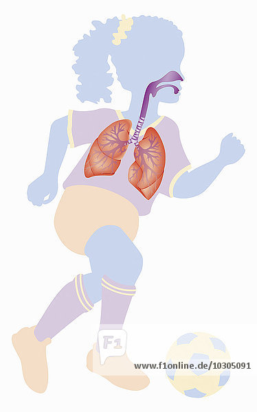 Biomedizinische Illustration des Atmungsapparats eines Fußball spielenden Mädchens