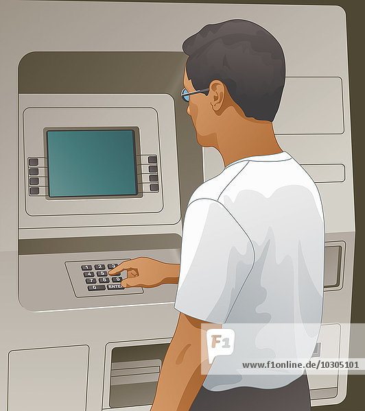 Mann benutzt Tastatur an einem Geldautomaten