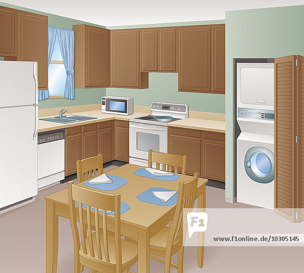 Einrichtung einer häuslichen Küche mit verschiedenen Geräten