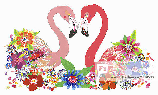 Zwei Flamingos schauen sich an umgeben von Blumen