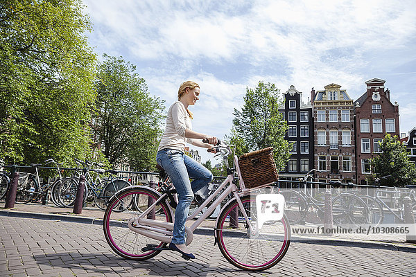 Netherlands  Amsterdam  woman riding bicycle in the city