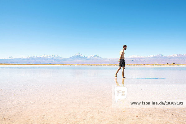 Chile  Atacama Desert  man walking at Laguna Cejar