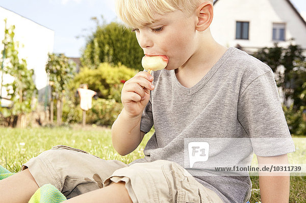 Kleiner Junge sitzt auf einer Wiese im Garten und isst Eis am Stiel.