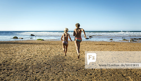 Back view of two sisters running on the beach