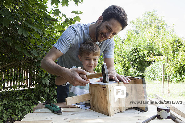 Father and son timbering a birdhouse