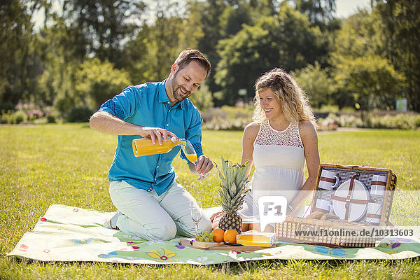 Glückliches Paar beim Picknick im Park,  schwangere Frau