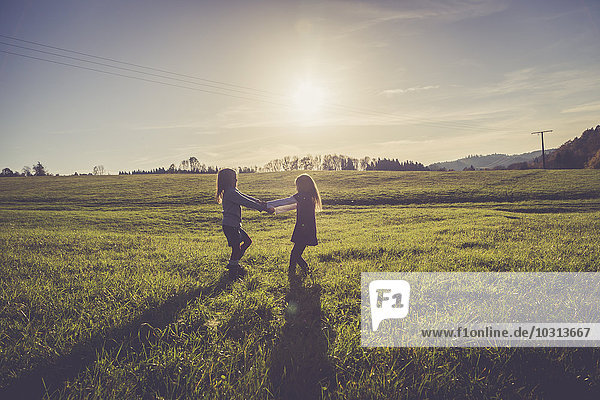 Two little girls turning around together on a meadow in backlight