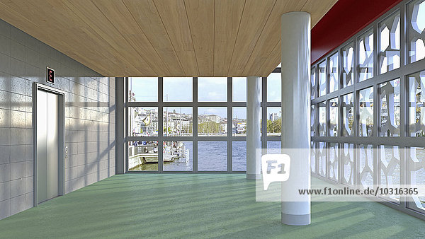 Foyer mit Säulen  Aufzug  Grünbetonboden und Holzdecke  3D-Rendering