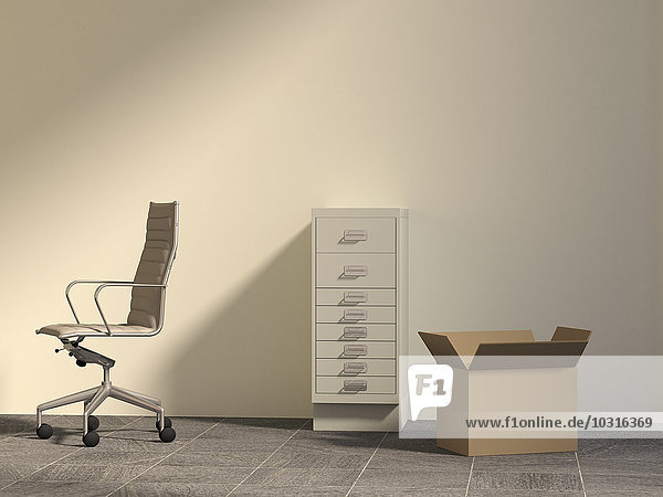 Bürostuhl,  Schubladenschrank und Karton im leeren Büro,  3D-Rendering