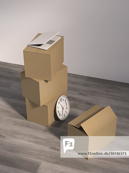 Kartons  Laptop und Wanduhr auf Holzboden im leeren Büro  3D Rendering
