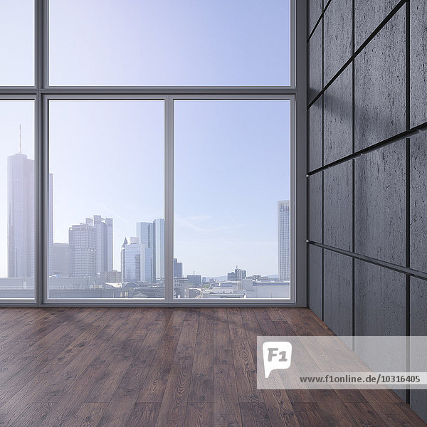 Leerer Raum mit Holzboden  Betonwand und Blick auf die Skyline  3D-Rendering
