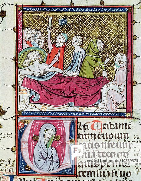 Ms 3076 fol.56r Sterbender umringt von Ärzten und Angehörigen  der sein Testament diktiert  aus 'Justiniani in Fortiatum' (Pergament)
