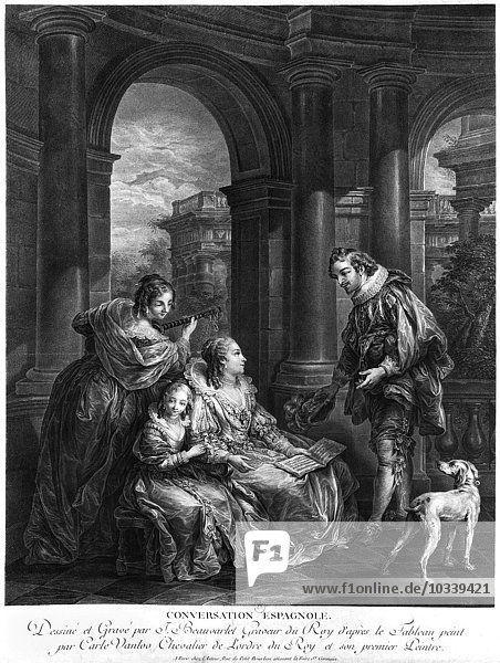 Spanische Konversation  Illustration aus Akt II Szene 4 von Der Barbier von Sevilla von Pierre Augustin Caron de Beaumarchais (1732-99)  gestochen von Jacques Firmin Beauvarlet (1731-97) (Stich) (s/w Foto)
