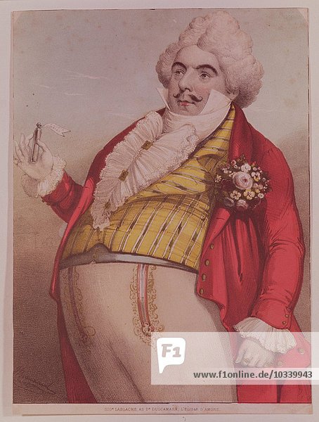 Signor Lablache als Dr. Dulcamara  der Quacksalber in der Oper Das Elixier der Liebe (L'Elisir D'Amore) von Gaetano Donizetti (1797-1848) (kolorierter Stich)