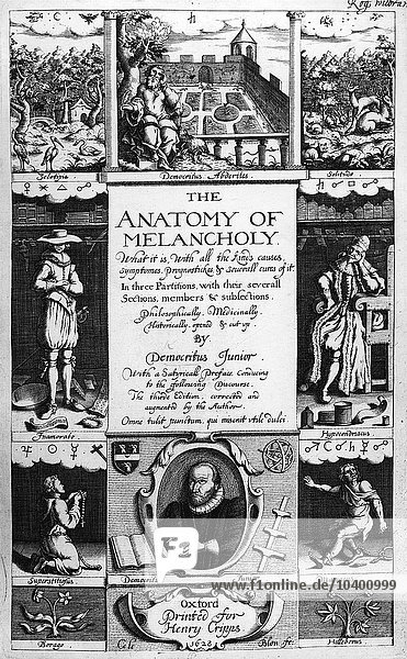 Titelblatt zu Die Anatomie der Melancholie von Robert Burton  1628 (Kupferstich)
