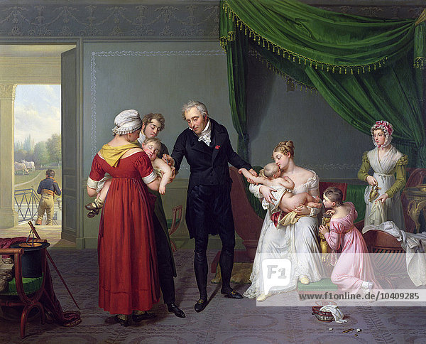 Desbordes  Constant Joseph (1761-1827) Baron Jean Louis Alibert (1768-1837) bei der Durchführung der Pockenimpfung im Schloss von Liancourt  um 1820 (Öl auf Leinwand)