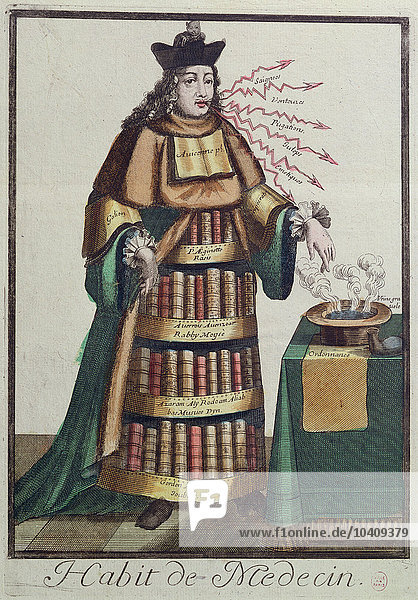 Französische Schule  (17. Jh.) Der Arzt  ein allegorischer Kostümentwurf  nach einem Bild  das von einem Mitglied der Familie Larmessin gestochen wurde  um 1640-84 (kolorierter Kupferstich)