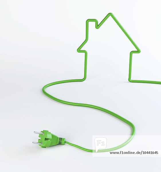 Grünes Stromkabel in Form eines Hauses - Konzept für erneuerbare Energien  grüne Energie  konzeptionelles Kunstwerk