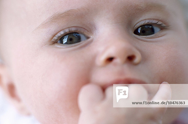MODEL RELEASED. Baby. Face of a 4-month-old baby girl with her hand in her mouth. Baby girl's face