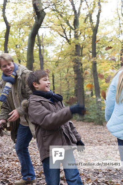MODEL RELEASED. Playing with autumn leaves. Father and son and daughter playing with leaves in a wood in autumn. Father and children playing in a wood