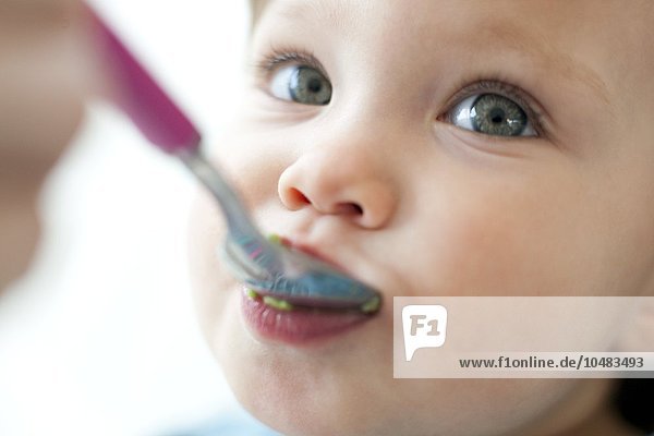 MODEL RELEASED. Toddler eating from a spoon. She is 15 months old. Toddler eating