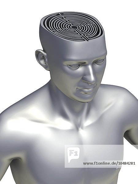 Konzeptkunstwerk eines Kopfes mit einem freigelegten Labyrinth an der Stelle eines Gehirns. Dies könnte Gedächtnisverlust  Verwirrung und die Alzheimer-Krankheit darstellen.