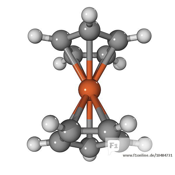 Ferrocen  molekulares Modell. Die Form dieser metallorganischen Verbindung hat dazu geführt  dass sie und verwandte Verbindungen als Sandwichverbindungen bezeichnet werden. Die Atome sind als Kugeln dargestellt und farblich codiert: Kohlenstoff (grau)  Wasserstoff (weiß) und Eisen (orange). Ferrocen-Molekül