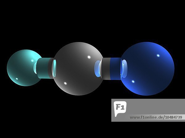 Cyanwasserstoff  Molekülmodell. Diese giftige Chemikalie wird bei der Herstellung von Sprengstoffen und beim Härten von Stahl verwendet. Die Atome sind als Kugeln dargestellt und farblich kodiert: Kohlenstoff (grau)  Wasserstoff (türkis) und Stickstoff (dunkelblau). Cyanwasserstoffmolekül