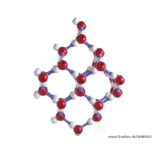 Eis-Gitter. Die Atome werden als Kugeln dargestellt und sind farblich gekennzeichnet: Sauerstoff (rot) und Wasserstoff (weiß). Eisgitter