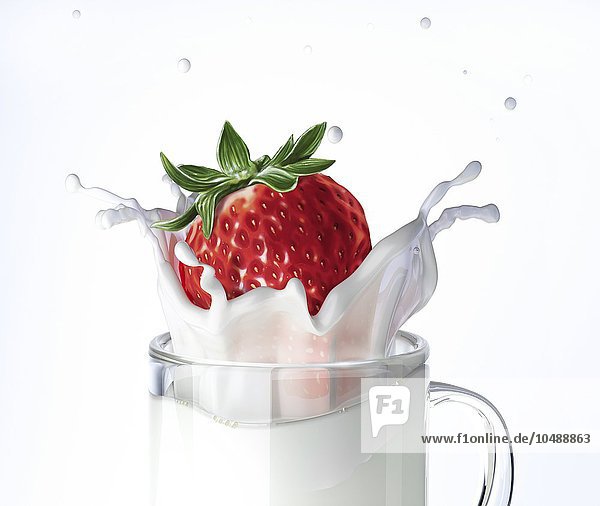 Erdbeere  die in Milch fällt  Computer Kunstwerk Erdbeere  die in Milch fällt  Kunstwerk