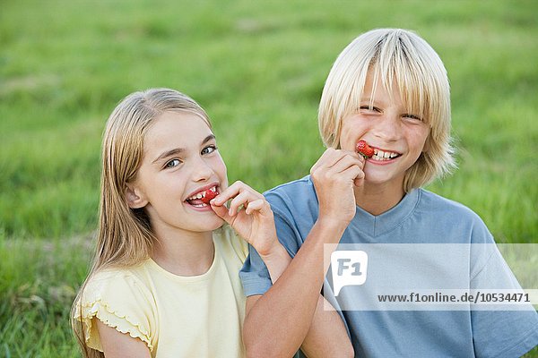 Junge und Mädchen essen Erdbeeren