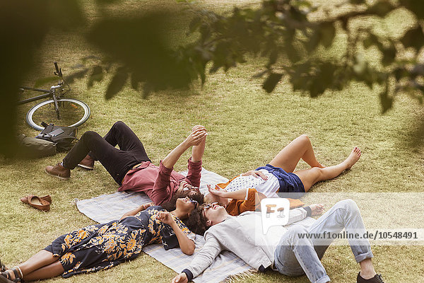Freunde  die Selfie im Kreis auf einer Decke im Park liegen lassen.