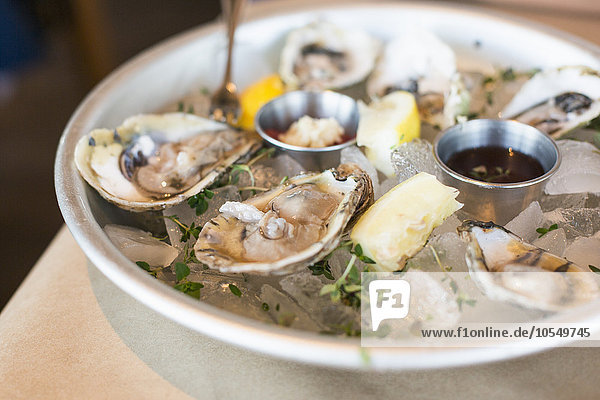 Close up of a plate of fresh oysters.