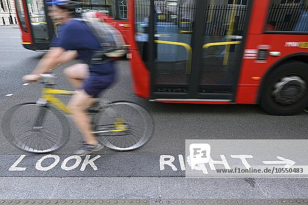 Fahrbahnbeschriftung Look Right  Fußgängerkreuzung auf einer belebten Straße  Westminster  London  England  Großbritannien  Europa