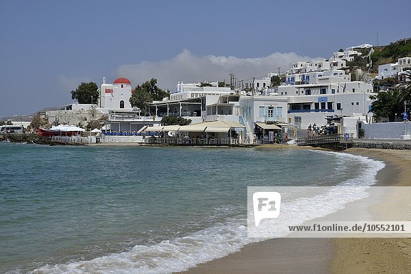 Beach  historic centre of Chora or Mykonos Town  Mykonos  Cyclades  Greece  Europe