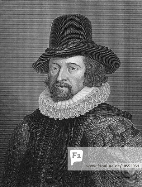 Stahlstich ca. 1860 Francis Bacon oder Baron Baco von Verulam 1561 bis 1626 englischer Philosoph Staatsmann Wissenschaftler
