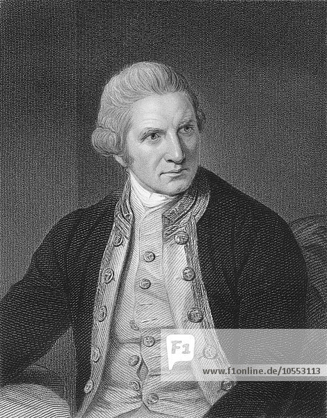 Stahlstich ca. 1860 Porträt von Captain James Cook 1728 bis 1779 Britischer Seefahrer und Entdecker