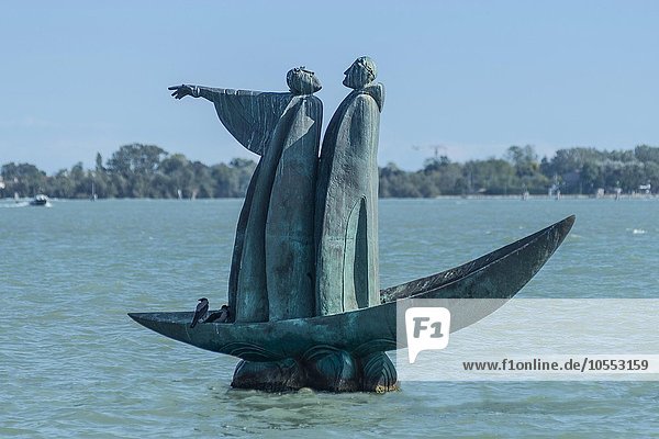 Bronze monument to Dante  2007  standing in boat  Vergil pointing towards cemetery island San Michele  Russian sculptor George Frangulyan  Venetian Lagoon  Veneto  Italy  Europe